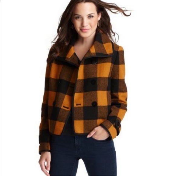 Ann Taylor loft wool blend orange and black plaid jacket - Picture 4 of 10